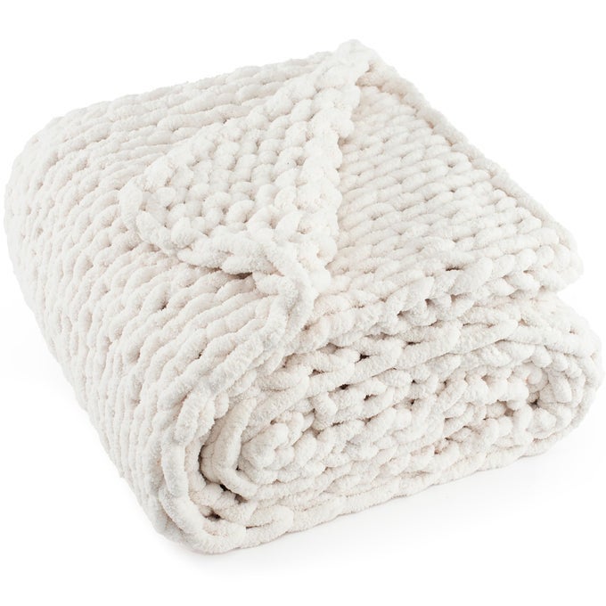 CHUNKY KNIT THROW BLANKET 50X 60 100 HANDMADE WITH SOFT CHENILLE YARN 44LBS THICK CABLE KNITTED BLANKETS LARGE ROPE KNOT CROCHET THROWS FOR COUCH SOFA BED HOME DECOR CREAM WHITE