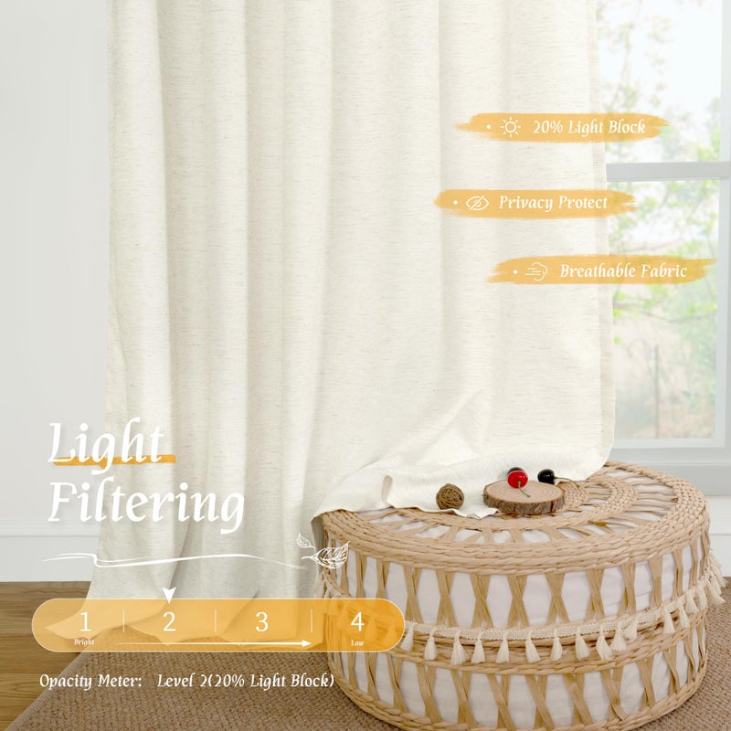 LAMIT Cream Linen Curtains for Living Room, 84 Inches Long 2 Panels Natural Light Filtering Soft Thick Bedroom Semi Sheer Privacy Drapes with Rod Pocket for Farmhouse/Sliding Door, 52 x 84 Inch - Image 4