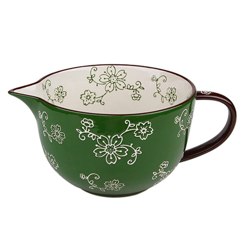 Gaolinci Cherry Blossom Pattern Kitchen Ceramic Mixing Bowl 1 Quart Large Bowl with Pouring Spout and Handle