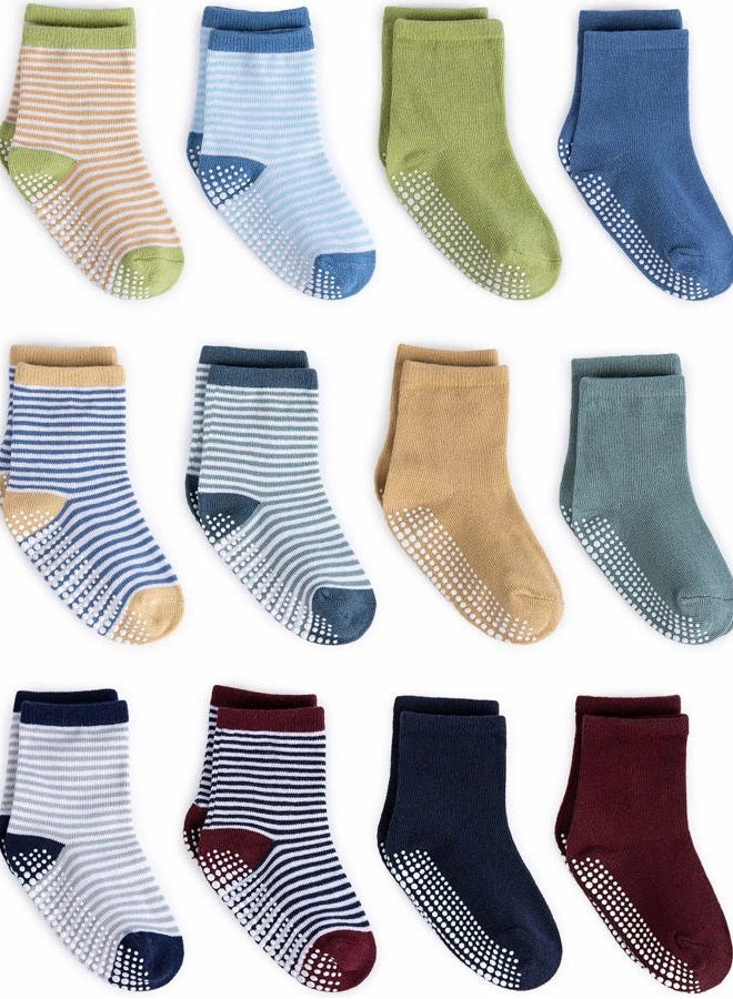 ZAPLES Baby Non Slip Grip Crew Socks with Anti Skid Soles for Infants Toddlers Kids Boys Girls, Stripes Assort - 12 Pairs, 1-3 years - Image 1