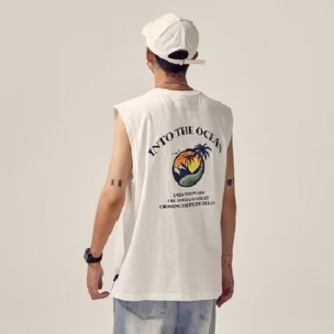 Summer New Cotton Sleeveless Vest Mens Design Sense Trendy Brand Loose Waistcoat Vest Trendy Duffian Handsome T-Shirt Top White milk Silk 