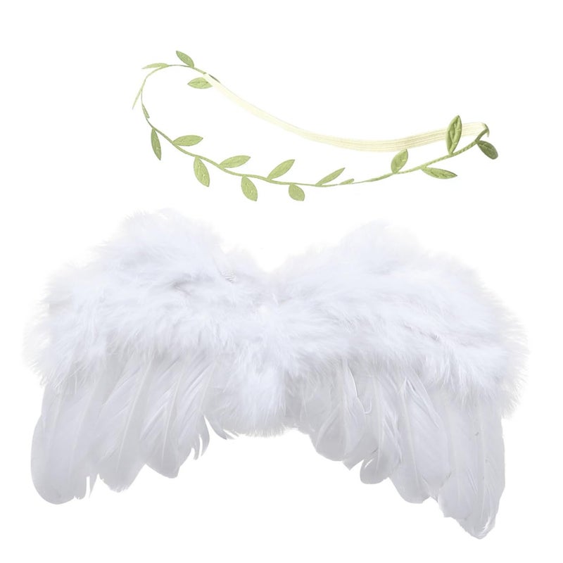 Newborn Photography Prop Leaf Headdress Angel Wings Headband Set Natural Green - Image 2