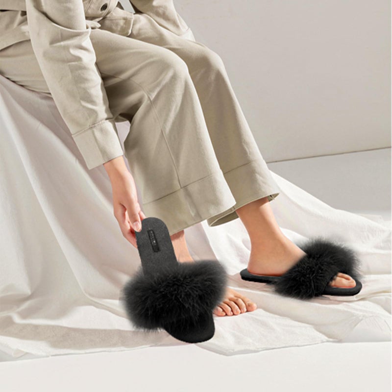 BCTEX COLL Women's Fuzzy Open Toe Slippers Memory Foam Feather Slides Fluffy Furry Indoor House Sandals(bla7) - Image 2