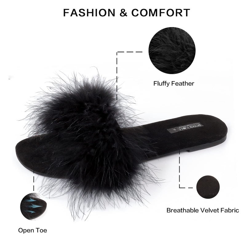 BCTEX COLL Women's Fuzzy Open Toe Slippers Memory Foam Feather Slides Fluffy Furry Indoor House Sandals(bla7) - Image 3