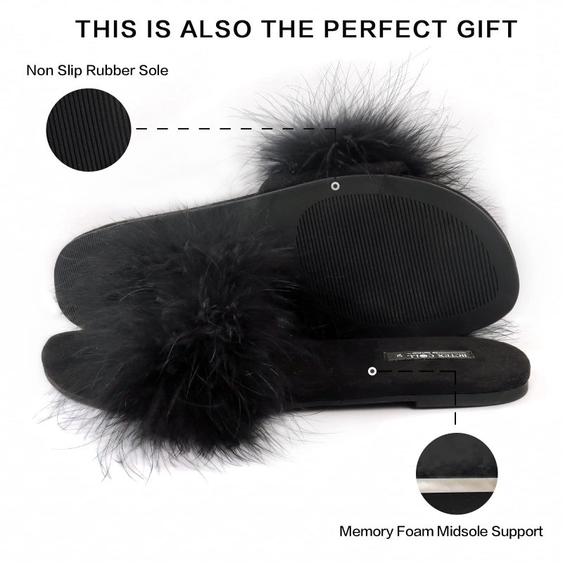 BCTEX COLL Women's Fuzzy Open Toe Slippers Memory Foam Feather Slides Fluffy Furry Indoor House Sandals(bla7) - Image 4