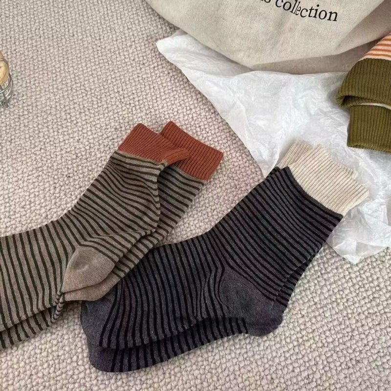 Retro Casual Striped Cotton Crew Socks for Women Light gray - Image 4