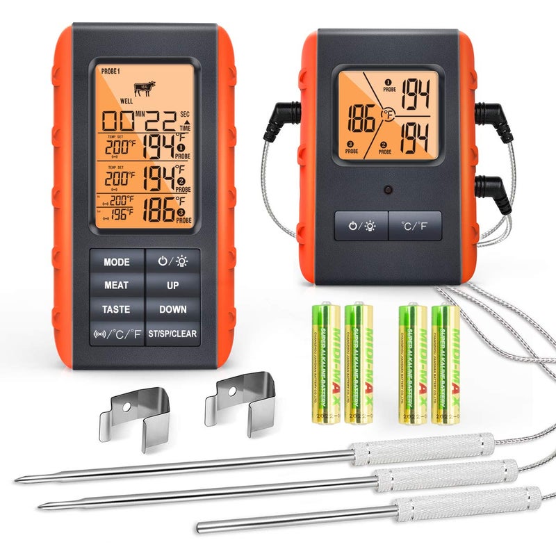 VAUNO Wireless Meat Thermometer for Grilling Smoking - Kitchen Food Cooking Candy Thermometer with 3 Probes - Monitor Ambient Temperature Inside The Grill Smoker BBQ Oven Thermometer, 490ft,Digital - Image 1
