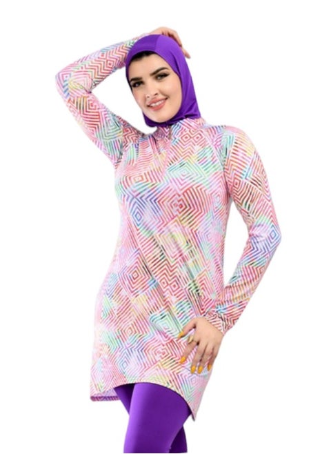 مايوه بوركيني 3 قطع (جامبسوت+تونيك+بونيه)  موف منقوش الوان