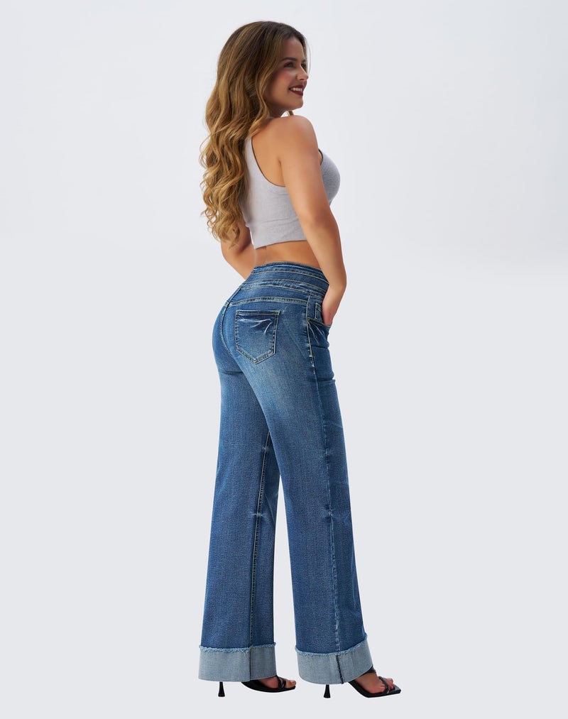 roswear Women's High Waisted Stretchy Wide Leg Jeans Cuffed Baggy Jeans Loose Denim Pants Light Blue Medium - Image 2