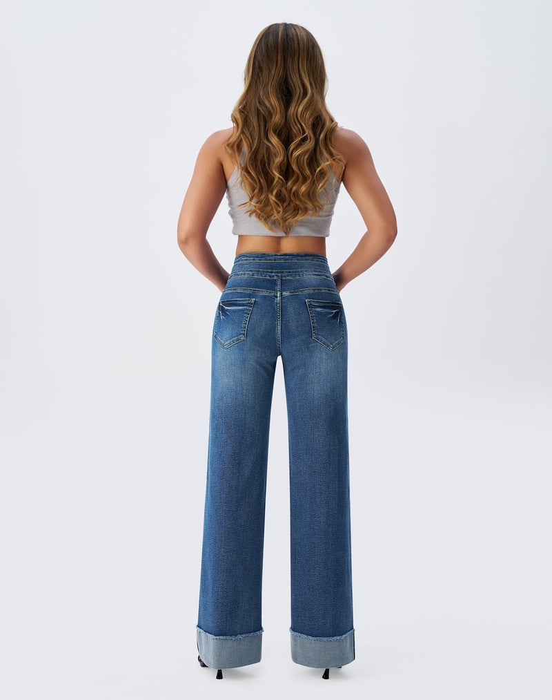 roswear Women's High Waisted Stretchy Wide Leg Jeans Cuffed Baggy Jeans Loose Denim Pants Light Blue Medium - Image 3