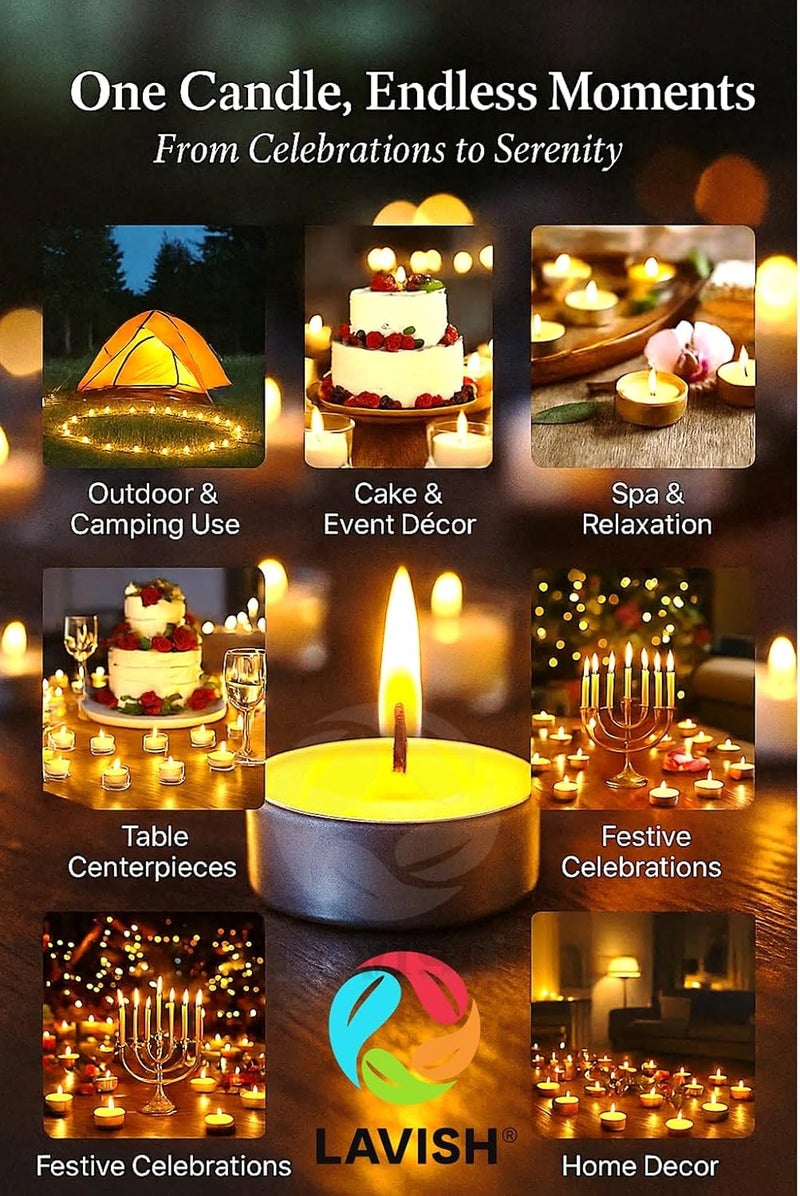 لافيش شموع شاي صفراء غير معطرة، ٥٠ قطعة، بدون دخان، بفتيل قطني | مدة احتراق ساعتين | لون أبيض | مناسبة لرمضان، عيد الفطر، ديوالي، بوجا، حفلات الزفاف، عيد الميلاد، والسبت - Image 3