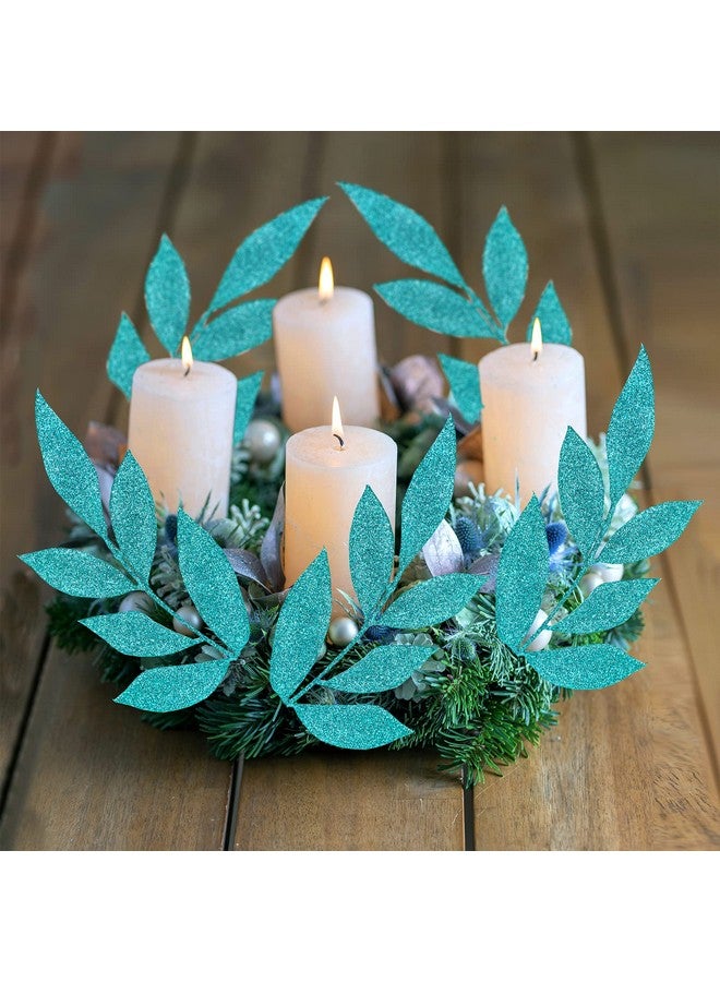 Winlyn Winlyn 20 Pcs Teal Glitter Bay Leaf Sprays Artificial Christmas Tree Picks Sprays 12.7" Tall for Teal Christmas Tree Winter Wreath Swag Floral Arrangement Vase Wedding Bouquet Centerpiece Decoration  - Image 5