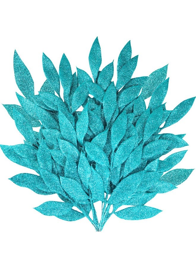 Winlyn Winlyn 20 Pcs Teal Glitter Bay Leaf Sprays Artificial Christmas Tree Picks Sprays 12.7" Tall for Teal Christmas Tree Winter Wreath Swag Floral Arrangement Vase Wedding Bouquet Centerpiece Decoration  - Image 1