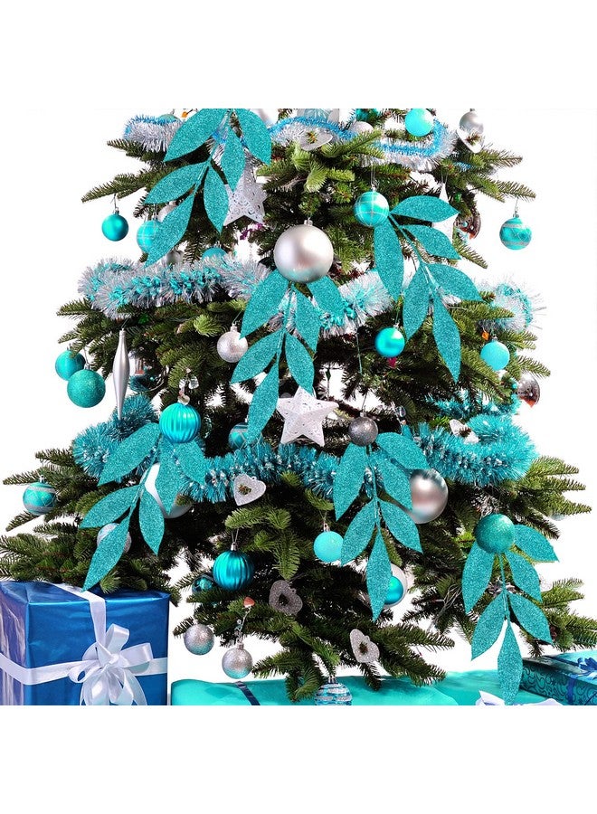 Winlyn Winlyn 20 Pcs Teal Glitter Bay Leaf Sprays Artificial Christmas Tree Picks Sprays 12.7" Tall for Teal Christmas Tree Winter Wreath Swag Floral Arrangement Vase Wedding Bouquet Centerpiece Decoration  - Image 3