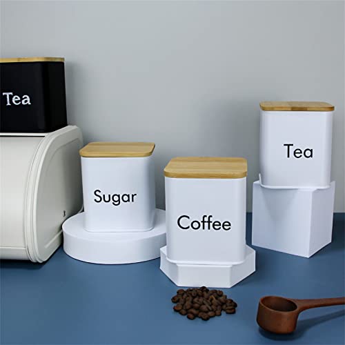 SOTECH 3pcs Coffee Sugar Tea Jar with Bamboo lid Metal Square Kitchen Storage Container Set White - Image 4