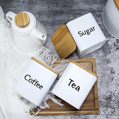 SOTECH 3pcs Coffee Sugar Tea Jar with Bamboo lid Metal Square Kitchen Storage Container Set White - Image 2