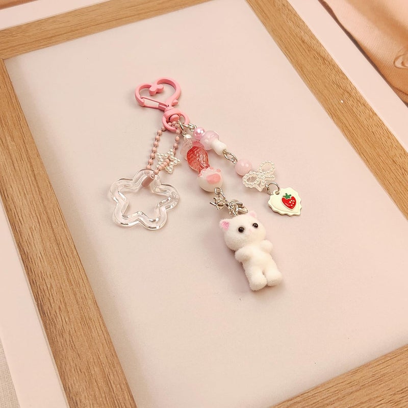 Nalefow Cute Pink Keychain, Fuzzy Cat Keychain Aesthetic Y2K KeychainCharms Stylish KeychainsAccessories for Bag Charms Purse Gifts (1PCS Pink White Cat) - Image 3