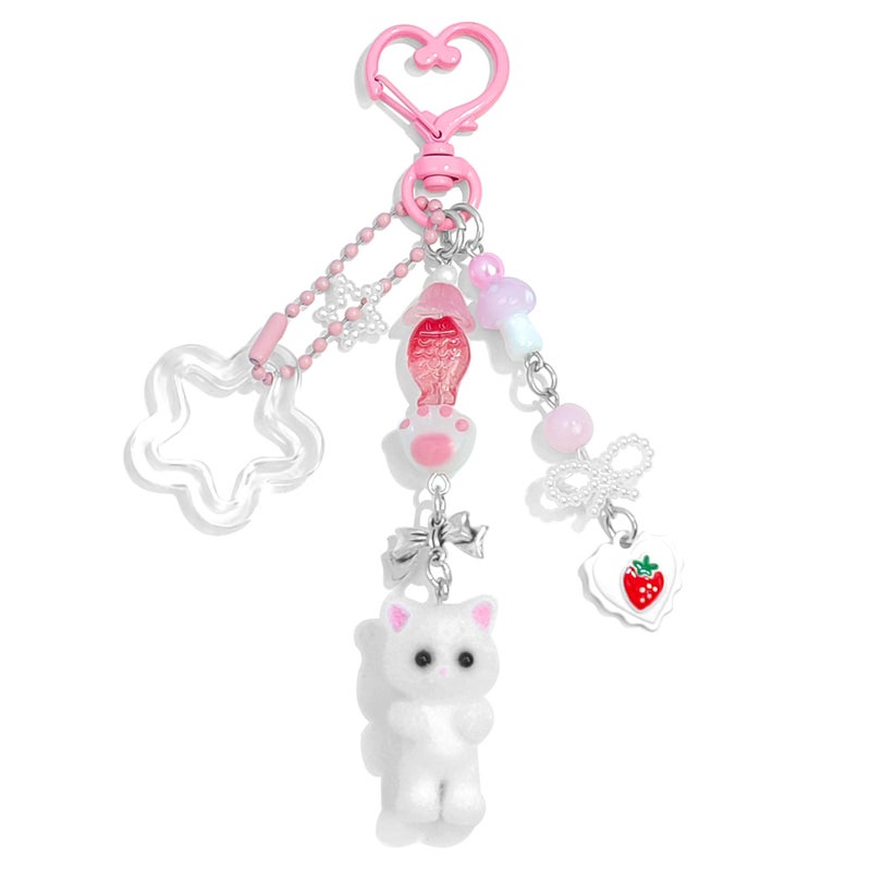 Nalefow Cute Pink Keychain, Fuzzy Cat Keychain Aesthetic Y2K KeychainCharms Stylish KeychainsAccessories for Bag Charms Purse Gifts (1PCS Pink White Cat) - Image 1