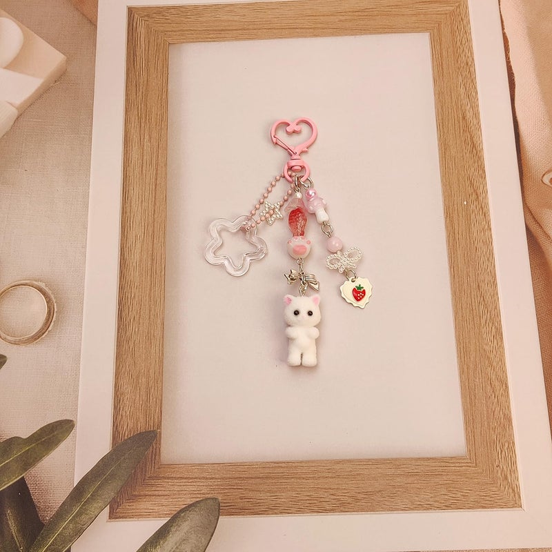 Nalefow Cute Pink Keychain, Fuzzy Cat Keychain Aesthetic Y2K KeychainCharms Stylish KeychainsAccessories for Bag Charms Purse Gifts (1PCS Pink White Cat) - Image 2
