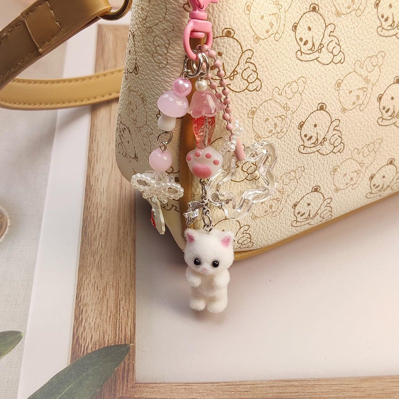 Nalefow Cute Pink Keychain, Fuzzy Cat Keychain Aesthetic Y2K KeychainCharms Stylish KeychainsAccessories for Bag Charms Purse Gifts (1PCS Pink White Cat) - Image 5