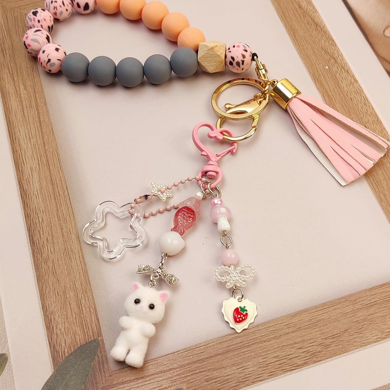 Nalefow Cute Pink Keychain, Fuzzy Cat Keychain Aesthetic Y2K KeychainCharms Stylish KeychainsAccessories for Bag Charms Purse Gifts (1PCS Pink White Cat) - Image 4