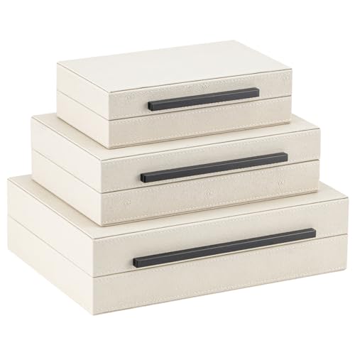XIGEXIGE Set of 3 Beige Shagreen Decorative Storage Boxes with Black Metal Handles –Faux Leather Large Modern Stackable Nesting Jewelry Box with Lids Organizer - Image 1