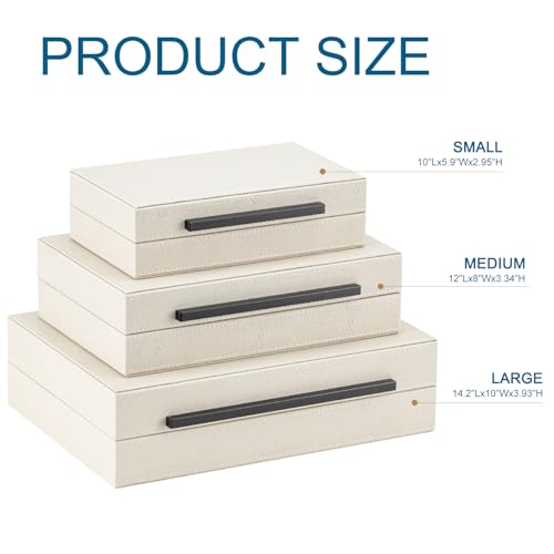 XIGEXIGE Set of 3 Beige Shagreen Decorative Storage Boxes with Black Metal Handles –Faux Leather Large Modern Stackable Nesting Jewelry Box with Lids Organizer - Image 3