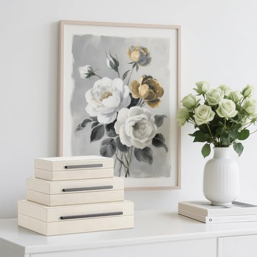 XIGEXIGE Set of 3 Beige Shagreen Decorative Storage Boxes with Black Metal Handles –Faux Leather Large Modern Stackable Nesting Jewelry Box with Lids Organizer - Image 2