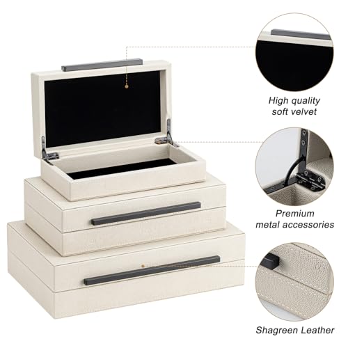 XIGEXIGE Set of 3 Beige Shagreen Decorative Storage Boxes with Black Metal Handles –Faux Leather Large Modern Stackable Nesting Jewelry Box with Lids Organizer - Image 4