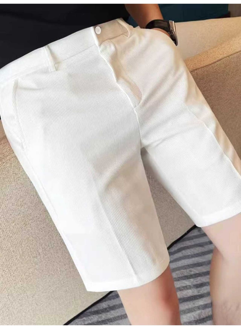Men's White Smart Casual Shorts Tailored Fit Bermuda Shorts with Belt Loops Summer Dress Shorts For Men - Image 2