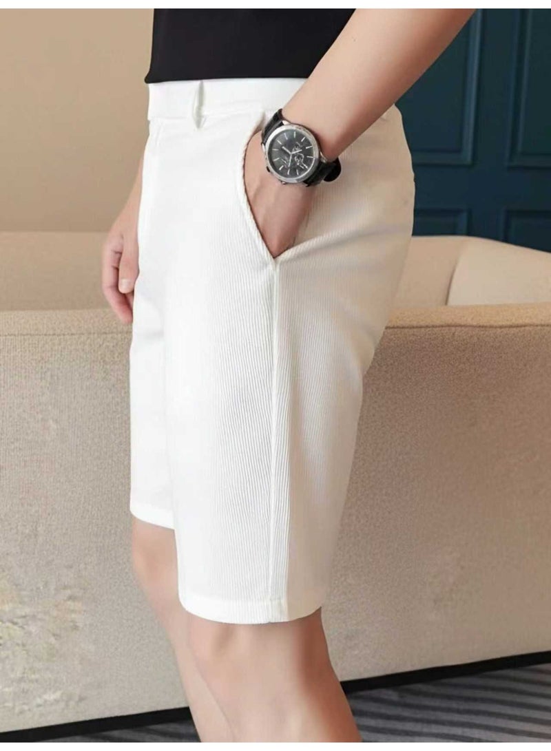 Men's White Smart Casual Shorts Tailored Fit Bermuda Shorts with Belt Loops Summer Dress Shorts For Men - Image 3