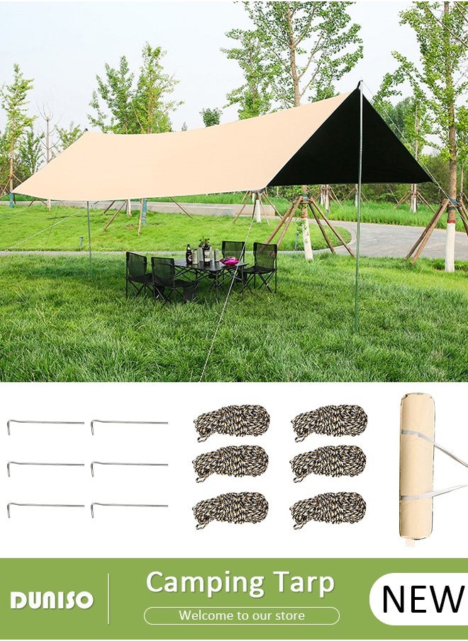 DUNISO Camping Tarp with Pole, Portable Tarpaulin Anti-UV Shelter Sunblock Sun Shade Awning, Large Hammock Tent Tarp with Ground Nails and Windproof Ropes for Camping Hiking Traveling Outdoor Sports  - Image 1