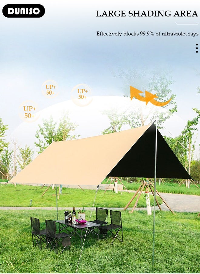 DUNISO Camping Tarp with Pole, Portable Tarpaulin Anti-UV Shelter Sunblock Sun Shade Awning, Large Hammock Tent Tarp with Ground Nails and Windproof Ropes for Camping Hiking Traveling Outdoor Sports  - Image 3