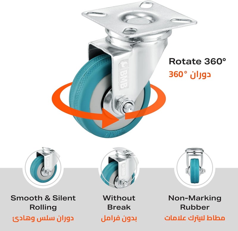 BMB Simple multifunctional build TOOLS 75mm Caster Wheels Set of 4 Heavy Duty, Swivel Casters Without Breaks Top Plate Fitting, Non Marking Grey Rubber Caster Wheels for Cart Furniture Industrial Use General purpose premium build - Image 4