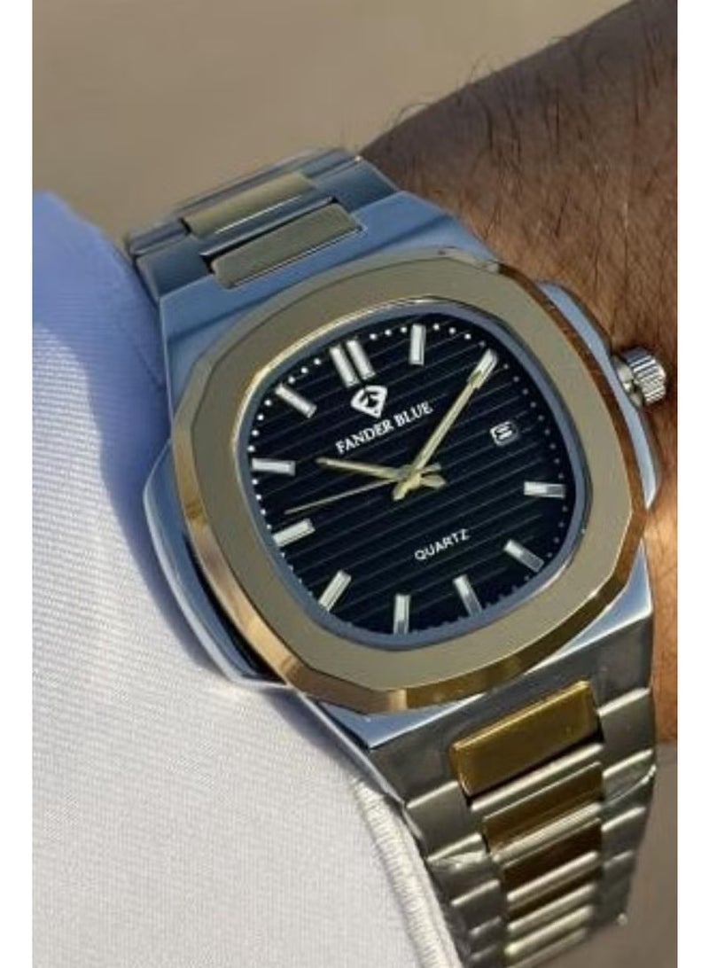 Men's watch with a gold-silver steel strap and a black dial