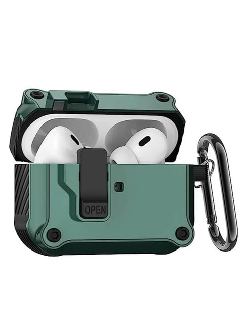 Rugged Case with Latch, Compatible with AirPods 4th Generation 2024, Full Body Shockproof Cover Auto Open Chain with Lock Clip, Strong Drop Protection, Switch Lock-(Green)