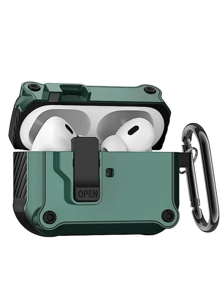 Case Rugged Case with Latch, Compatible with AirPods 4th Generation 2024, Full Body Shockproof Cover Auto Open Chain with Lock Clip, Strong Drop Protection, Switch Lock-(Green) 