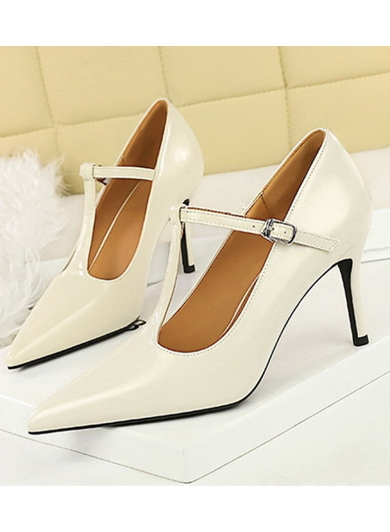 بيج تري المرأة مغلقة أشارت إصبع القدم كعب عالي مع T-كاحل أحزمة مضخات كريم أبيض 8CM - Image 1