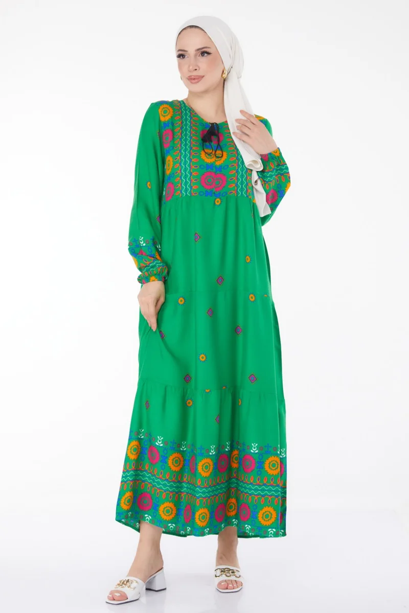Tofisa Plain Tie Collar Women's Green Patterned Dress - 25708