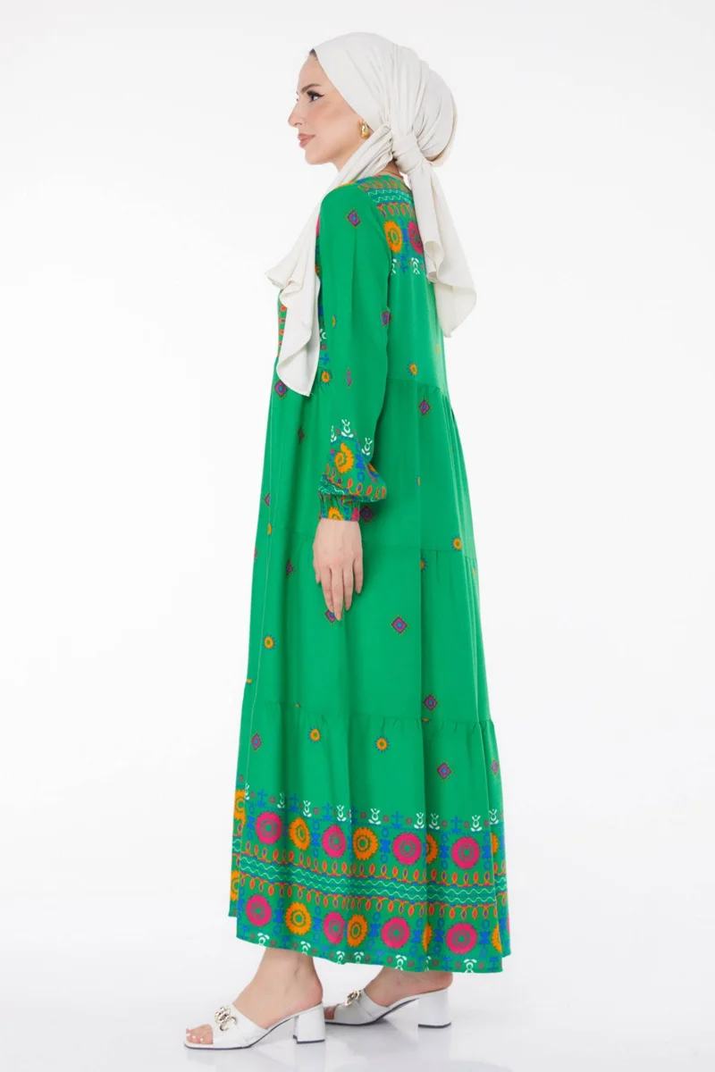 Tofisa Plain Tie Collar Women's Green Patterned Dress - 25708