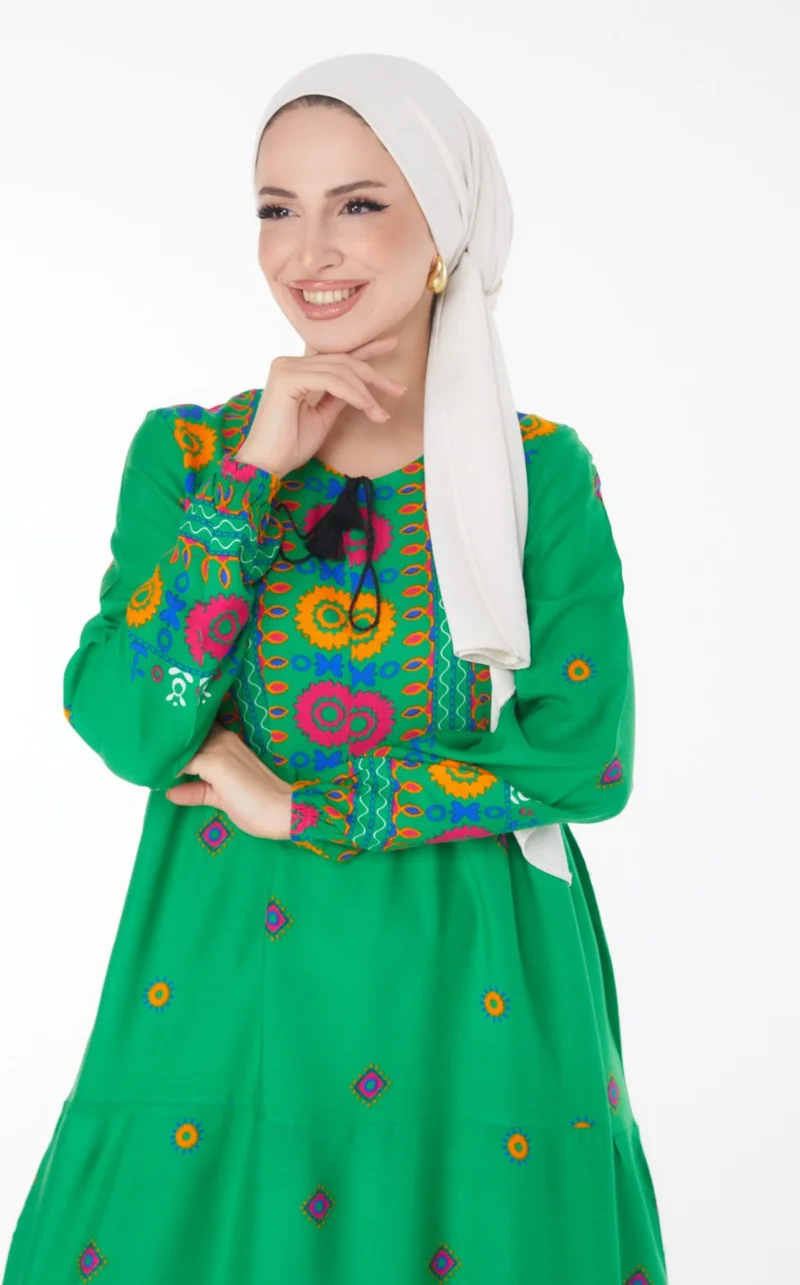 Tofisa Plain Tie Collar Women's Green Patterned Dress - 25708