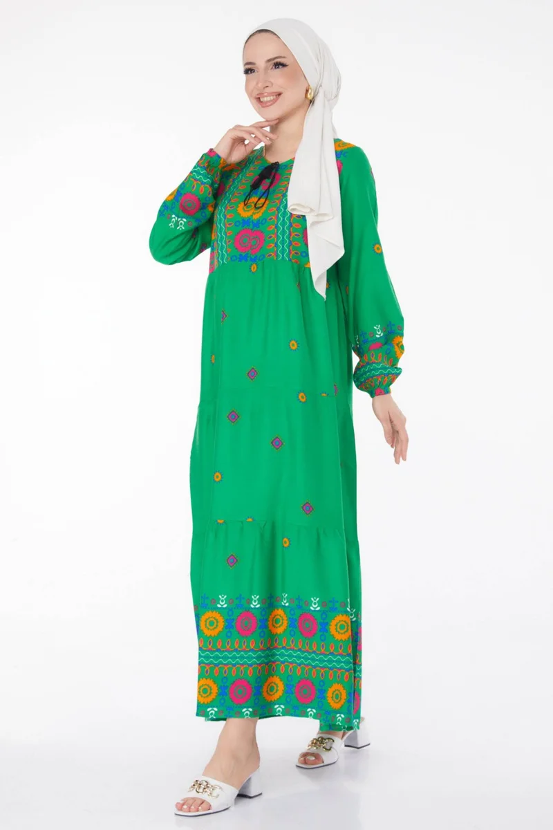 Tofisa Plain Tie Collar Women's Green Patterned Dress - 25708