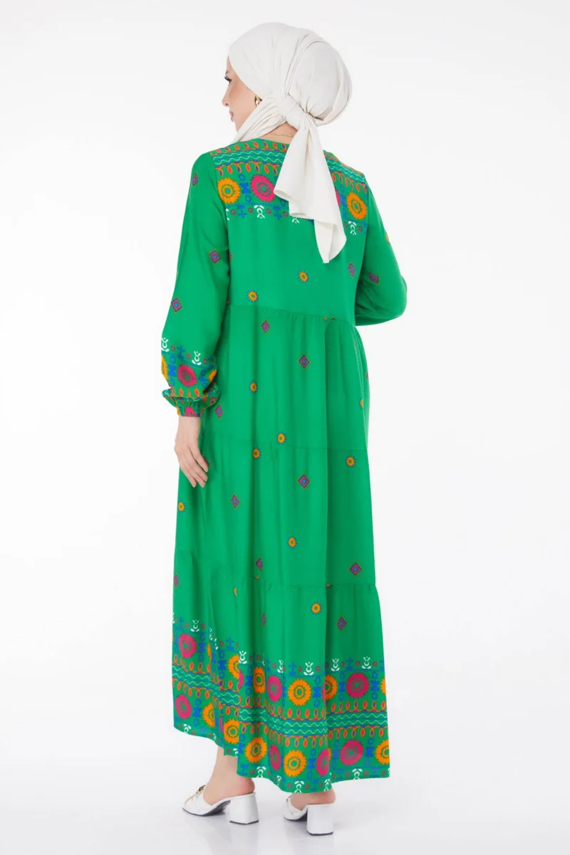 Tofisa Plain Tie Collar Women's Green Patterned Dress - 25708