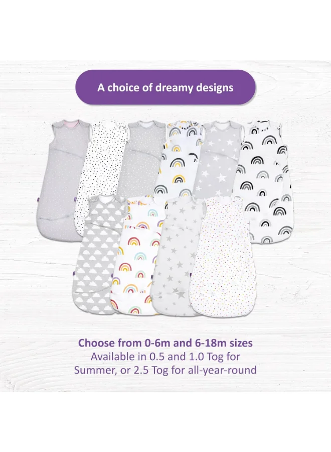 Snuz Pouch Sleeping Bag For Infant And Baby 2.5 Tog Clever Nappy Change Zip Material 100% Cotton For Temperatures Within 16 - 20 Celsius Suitable From 0 - 6Months Max.Length 68 Cm - Mono Rainbow