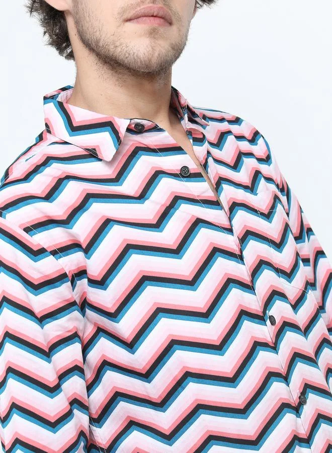 HIGHLANDER Zigzag Stripe Slim Fit Shirt with Long Sleeves by Styli
