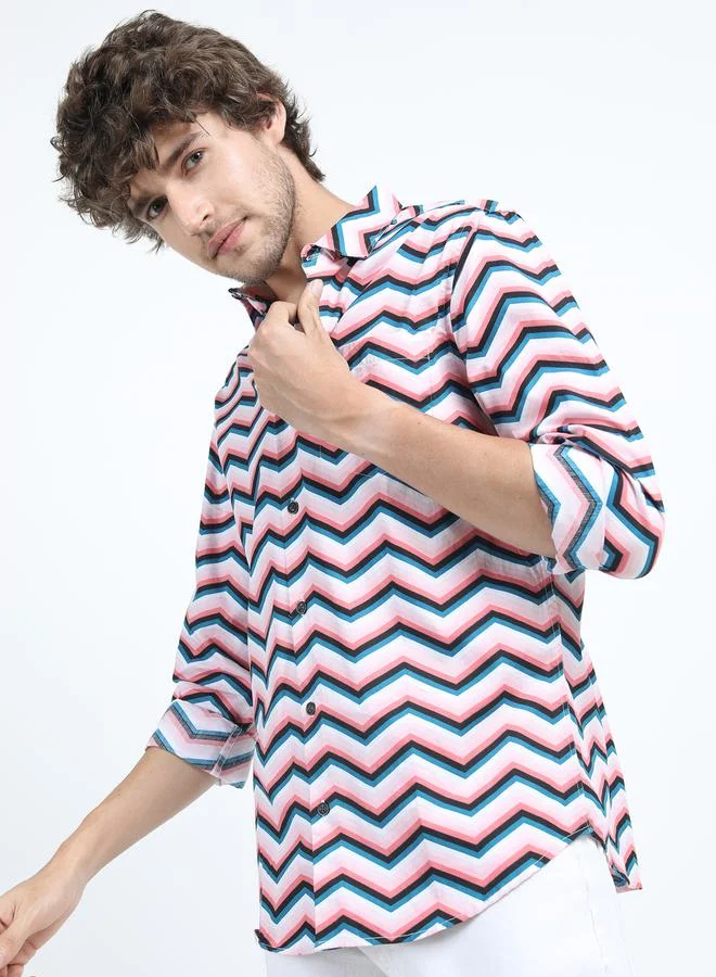 HIGHLANDER Zigzag Stripe Slim Fit Shirt with Long Sleeves by Styli