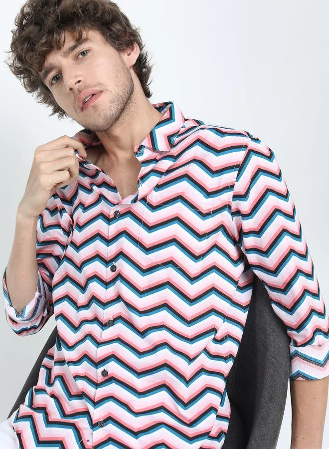 HIGHLANDER Zigzag Stripe Slim Fit Shirt with Long Sleeves by Styli