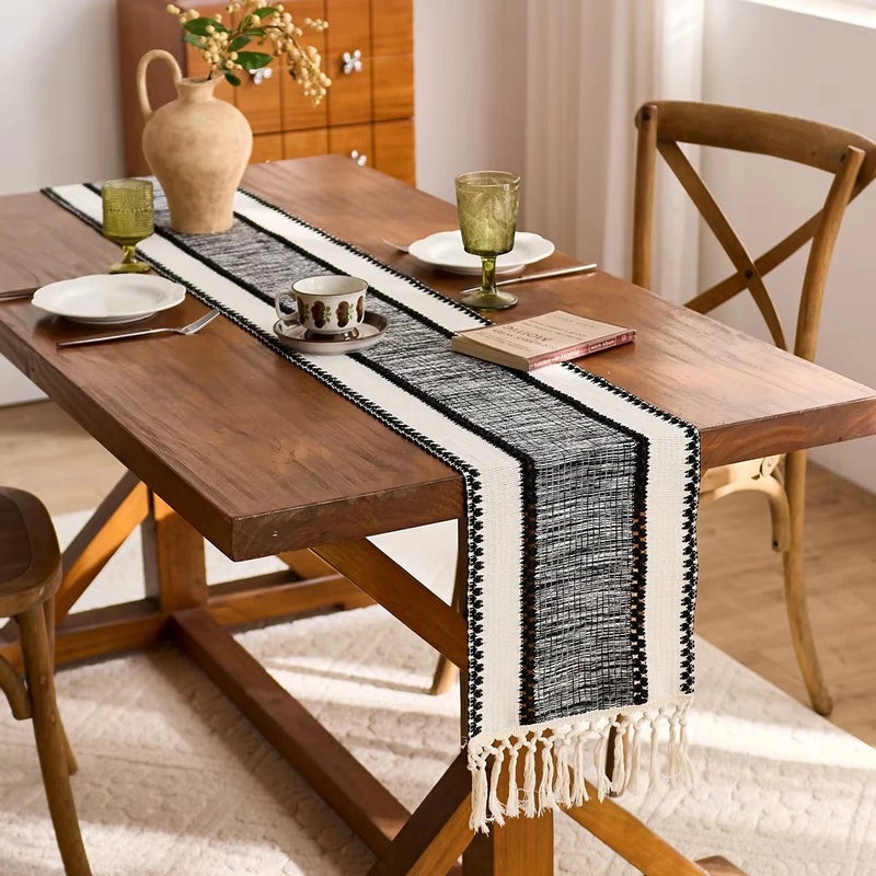 Y&D Black Wide Stripe Table Runner with Tassels – Hollow Jacquard Woven Design for Hotel & Home Dining Tables - Image 2
