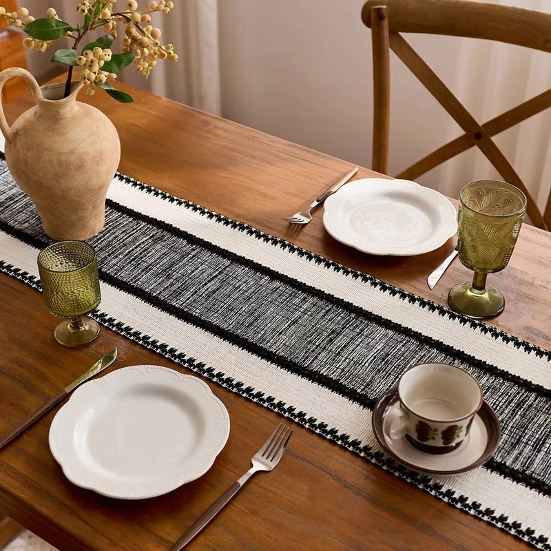 Y&D Black Wide Stripe Table Runner with Tassels – Hollow Jacquard Woven Design for Hotel & Home Dining Tables - Image 3