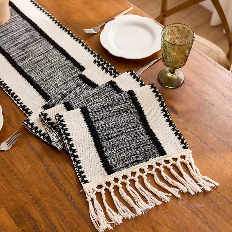 Y&D Black Wide Stripe Table Runner with Tassels – Hollow Jacquard Woven Design for Hotel & Home Dining Tables - Image 4